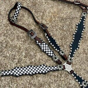 Checkered Horse Tack Set with Silver Accents